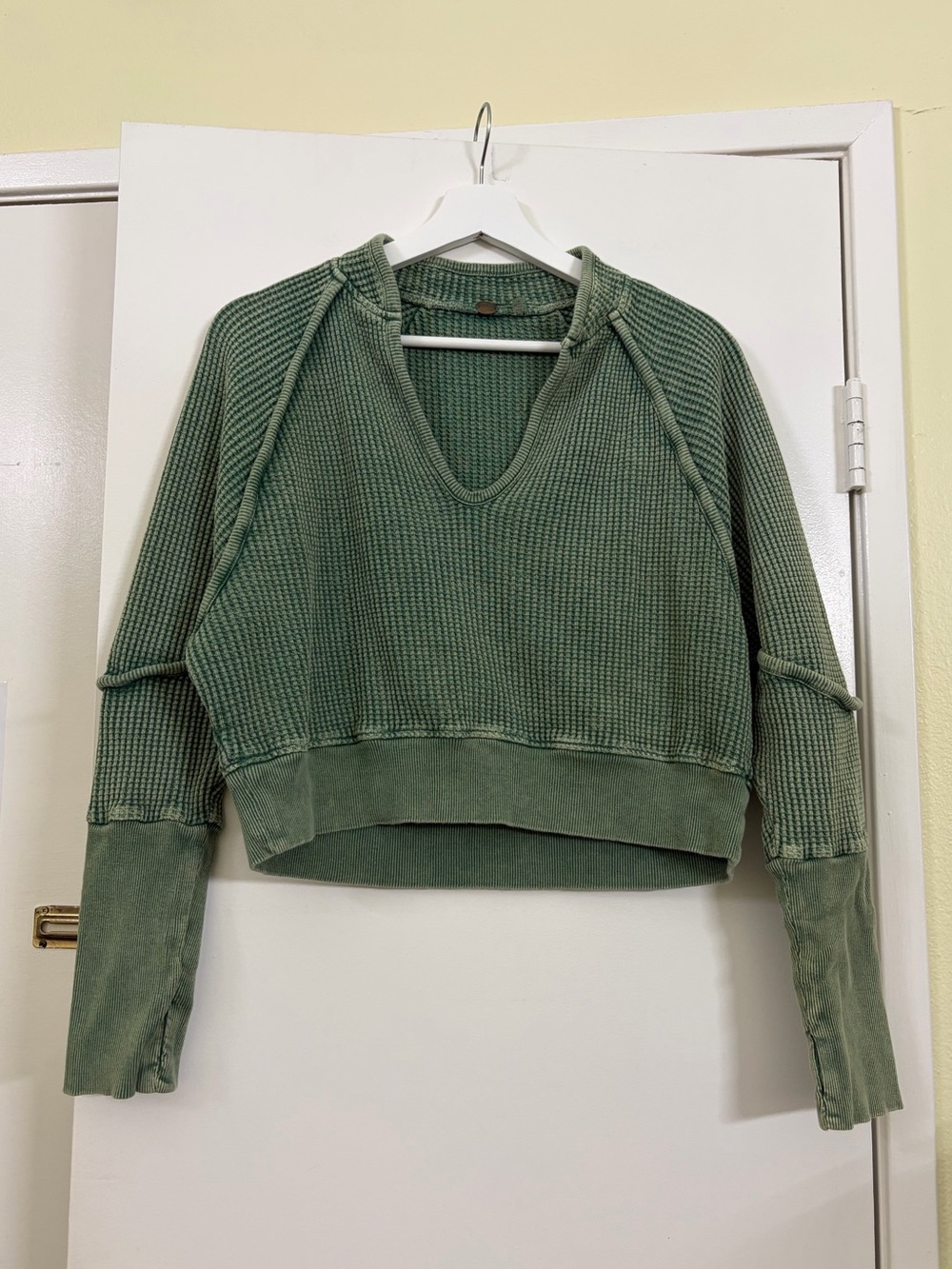 Free People FP One Sage Green Waffle Knit Crop Thermal Thumbhole Top S